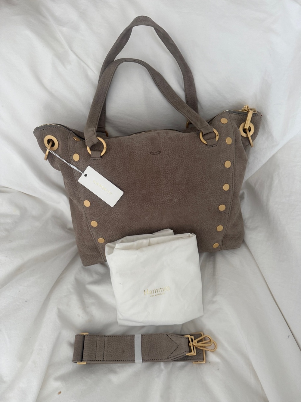 NWT Large Daniel Hammitt Handbag Gray Natural Leather Brushed Gold hardware
